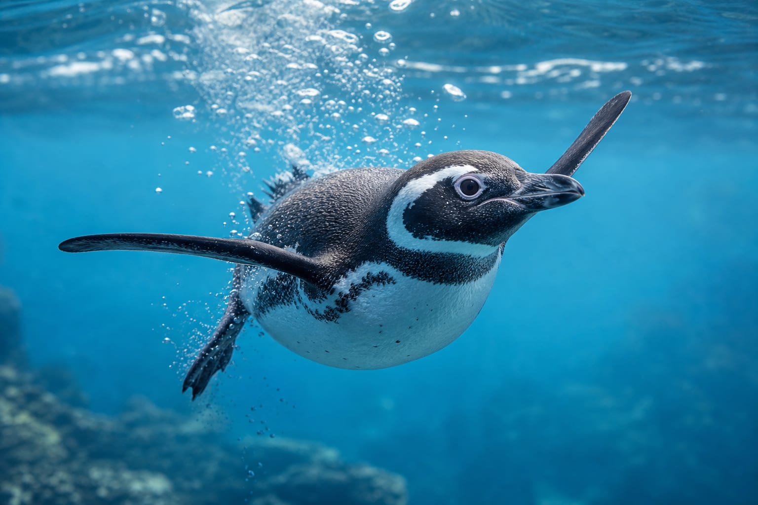 Penguin swimming underwater